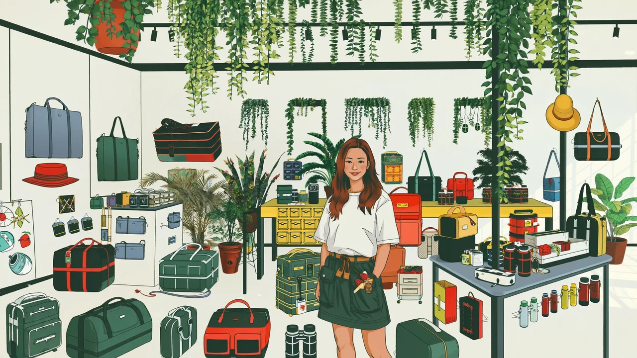Illustrazione di campagna: accessori da viaggio all'aria aperta, concept fittizio